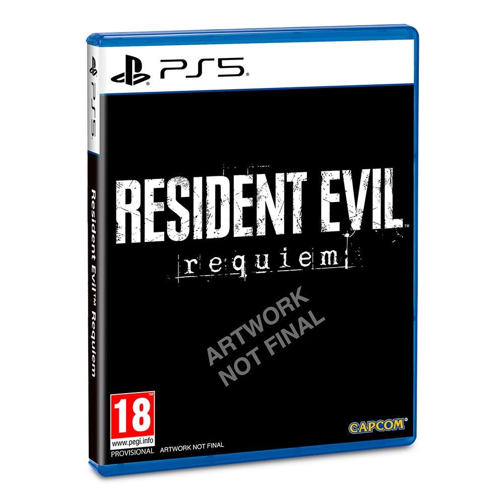 Blue PS5 game case featuring "Resident Evil: Requiem" in bold white text, with "ARTWORK NOT FINAL" noted, and Capcom logo at the bottom.