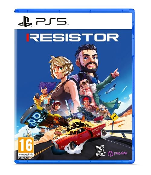 Colorful game cover featuring animated characters, a red sports car, and a desert backdrop, with "Resistor" prominently displayed at the top and PS5 branding.