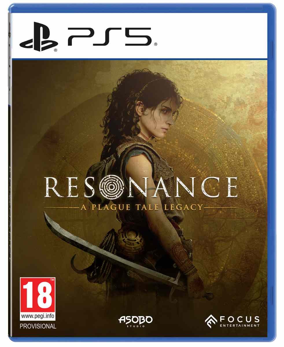 PS5 game case featuring "Resonance: A Plague Tale Legacy," with a dark cover art showing a female character wielding a sword, gold text, and logos for PEGI, Asobo Studio, and Focus Entertainment.