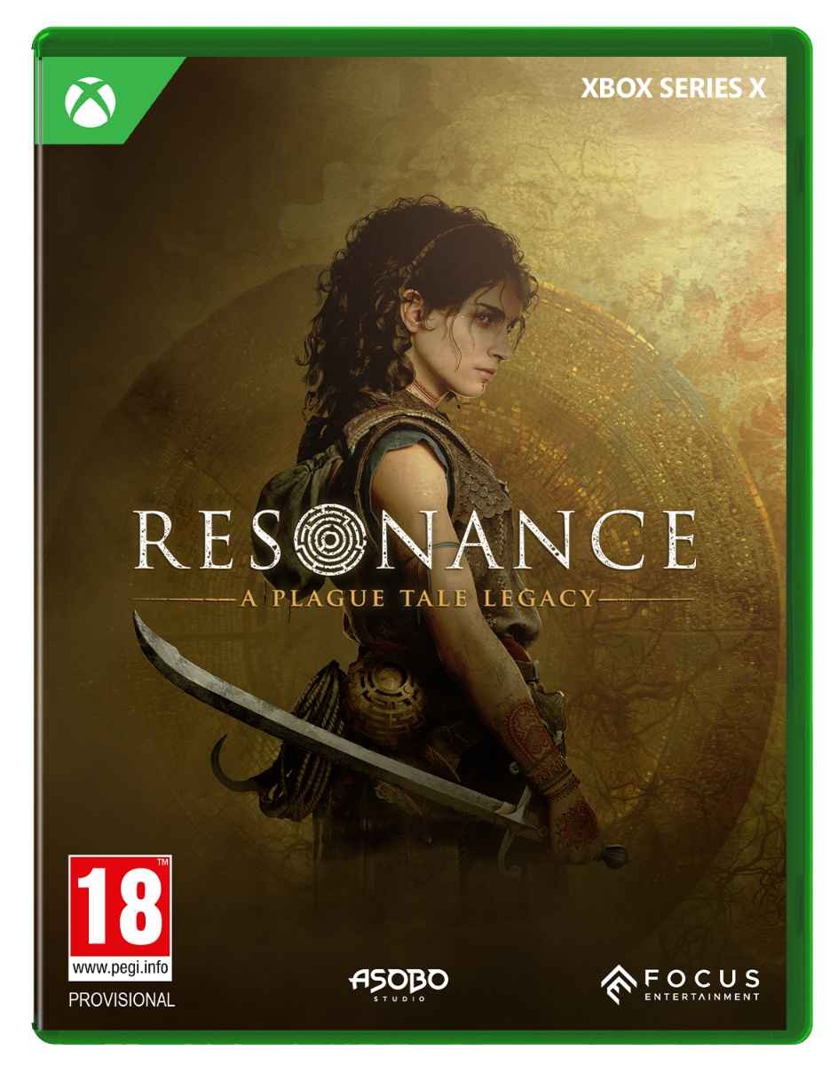 Green Xbox Series X game case featuring the title "Resonance: A Plague Tale Legacy," with a central character in a dark outfit against a gold-toned background.