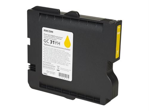 Yellow gel cartridge labeled "GC-31YH" for Ricoh printers, featuring a black plastic casing and a prominent yellow drop icon, designed for high-capacity printing up to 4,000 pages.