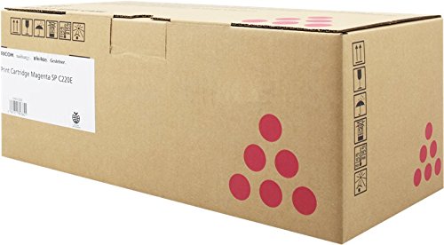 Brown cardboard box with a white label, featuring a magenta dot design and icons indicating handling instructions, labeled as "Print Cartridge Magenta SPC220E."