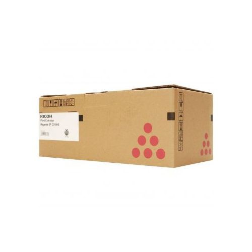 Magenta toner cartridge box for Ricoh C310E, featuring a brown cardboard exterior with red circular graphics and a white label displaying product details.