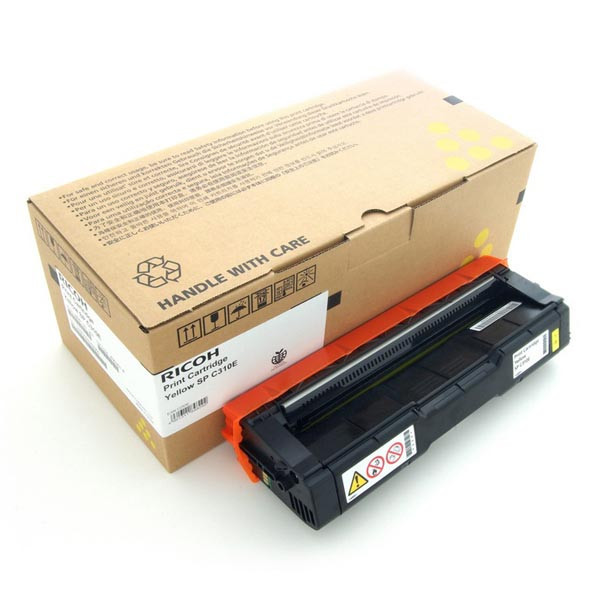 Yellow toner cartridge with a black casing, labeled for Ricoh SP C310E, alongside a brown cardboard box featuring recycling symbols and handling instructions.