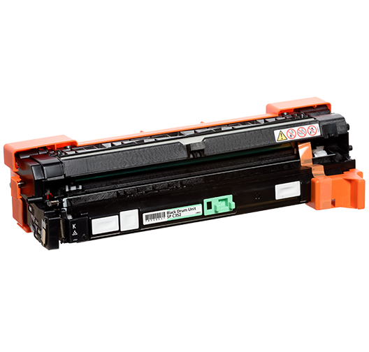 Black drum unit with orange accents, designed for Ricoh SP C 352/360/361 printers, capable of printing up to 15,000 pages, featuring a green label and safety warnings.