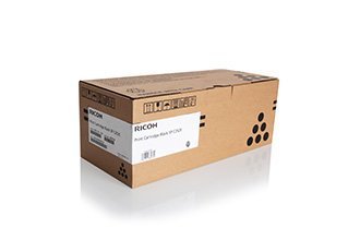 Brown cardboard box containing Ricoh C252E Black Standard Capacity Toner Cartridge, labeled with product details and barcode, designed for SP printers, capacity of 4.5k pages.