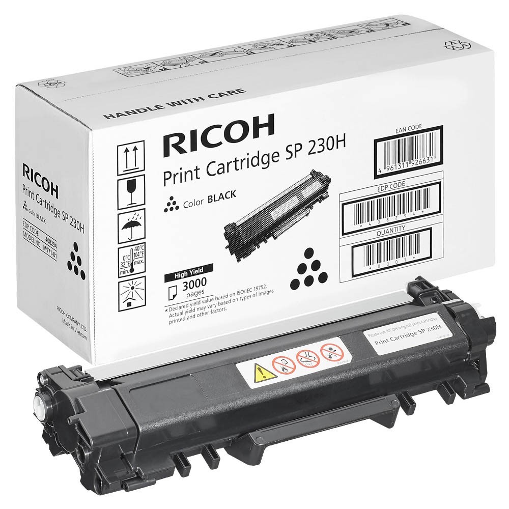 Black toner cartridge for Ricoh printers, labeled "Print Cartridge SP 230H," with a capacity of 3,000 pages, packaged in a white box with black graphics and handling instructions.