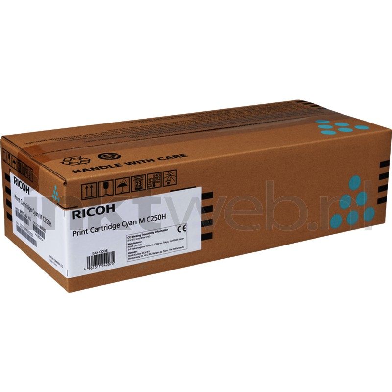Brown cardboard box with blue and black design elements, labeled "RICOH" and "Print Cartridge Cyan M C250H," indicating compatibility with Ricoh P C 301 W, 6.3K pages.