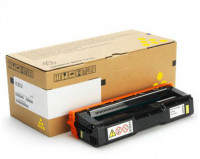 Black Ricoh 408352 toner cartridge with orange accents, packaged in a brown box, designed for Ricoh P C 300 printers, yields 2.3K pages at 5% coverage.