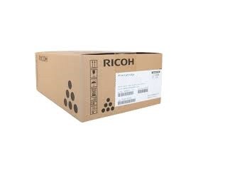 Brown cardboard box with Ricoh branding, featuring a white label with product details, designed to hold a black toner cartridge for printing.