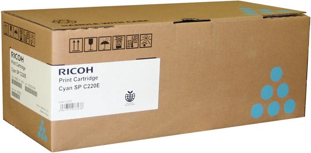 Cyan toner cartridge box with blue dots, labeled "Ricoh Print Cartridge Cyan SP C220E," designed for 4.5K pages, made of sturdy cardboard.