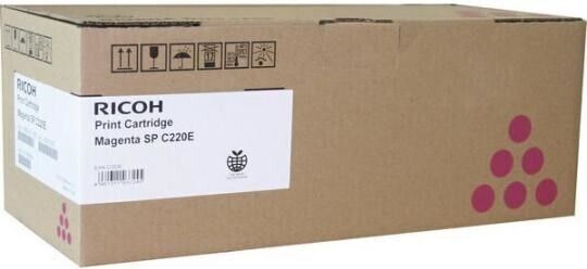 Brown cardboard box labeled "RICOH Print Cartridge Magenta SP C220E," featuring a white shipping label and pink circular design elements.