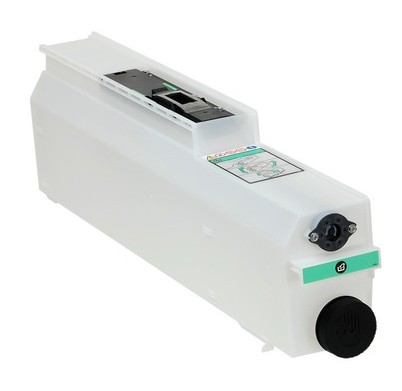 White plastic toner waste box with a green label, designed for Ricoh Aficio MP C 6502, capable of handling up to 45,000 pages, featuring a black cap and a rectangular shape.