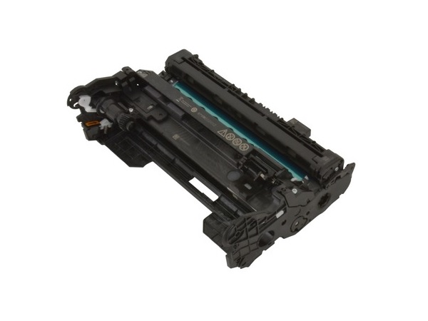 Black Ricoh 419095 D0A42021 drum unit printer with a cylindrical shape, featuring a turquoise strip and various connection points for installation.