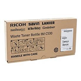 Brown cardboard box labeled "Ricoh 418255 Toner Waste Box," designed for Ricoh IM C530, featuring handling instructions and graphics for use, with a capacity of 30,000 pages.