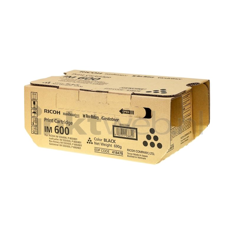 Black toner kit box for Ricoh IM 600, labeled with "Ricoh" and "Print Cartridge IM 600," featuring a weight of 690g and an EDP code of 418478, with a simple cardboard design.