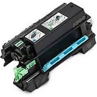 Black Ricoh 418506 TYPE P501L toner cartridge with green and blue accents, compatible with Ricoh P printers.