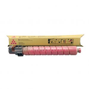 Magenta toner cartridge in a cylindrical shape, featuring a pink color and a black connector, displayed in a yellow box with instructional graphics.
