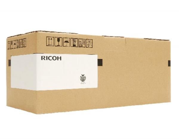 Brown cardboard box labeled "RICOH" with a white section for product details, containing yellow toner for Ricoh Aficio MP, capable of printing 18,000 pages.