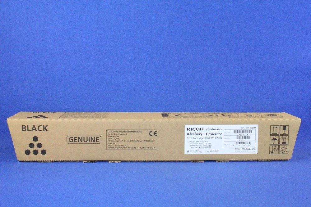 Ricoh IM C2500 toner cartridge multipack in a brown cardboard box, labeled "BLACK," featuring a genuine product seal and clear printing instructions.