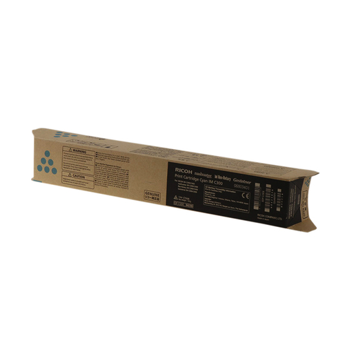 Cyan toner cartridge by Ricoh in a rectangular cardboard box, featuring blue and black branding, product details, and a barcode on the side.