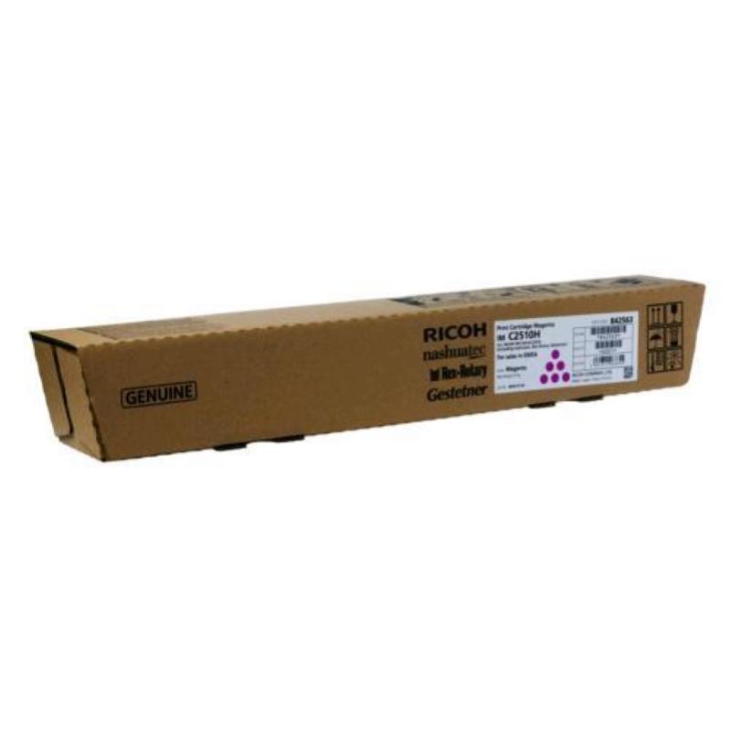 Brown cardboard packaging for Ricoh 842563 Toner Kit in magenta, labeled with product details and barcode, designed for Ricoh IM C printers, capable of printing 18,000 pages.