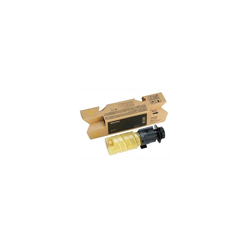 Yellow toner kit in a black and yellow cartridge, packaged in a brown cardboard box, designed for Ricoh IM C printers, with a yield of 10,000 pages.