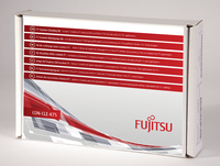 White box with red and silver accents, labeled "Ricoh F1 Scanner Cleaning Kit" by Fujitsu, featuring a detailed list of contents on the front.