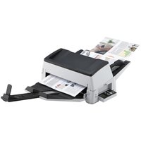 Black and white Ricoh fi-7600 scanner with ADF, manual feed, 600 DPI, A3 size, featuring a sleek, angular design.
