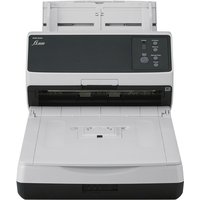 Black and grey Ricoh fi-8250 scanner with ADF, manual feed, 600 x 600 DPI, A4 size, control buttons on top panel.