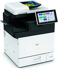 Compact black and white multifunction printer with a sleek white body, featuring a touchscreen control panel and multiple paper trays for A4 printing at 30 ppm.