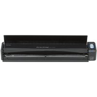 Black Ricoh ScanSnap iX100 scanner, compact design, A4 sheet-fed, 600 x 600 DPI, with paper tray and control button.