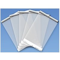 Clear Ricoh ScanSnap scanner carrier sheets with black top strip and white bottom label, fanned out on blue background.