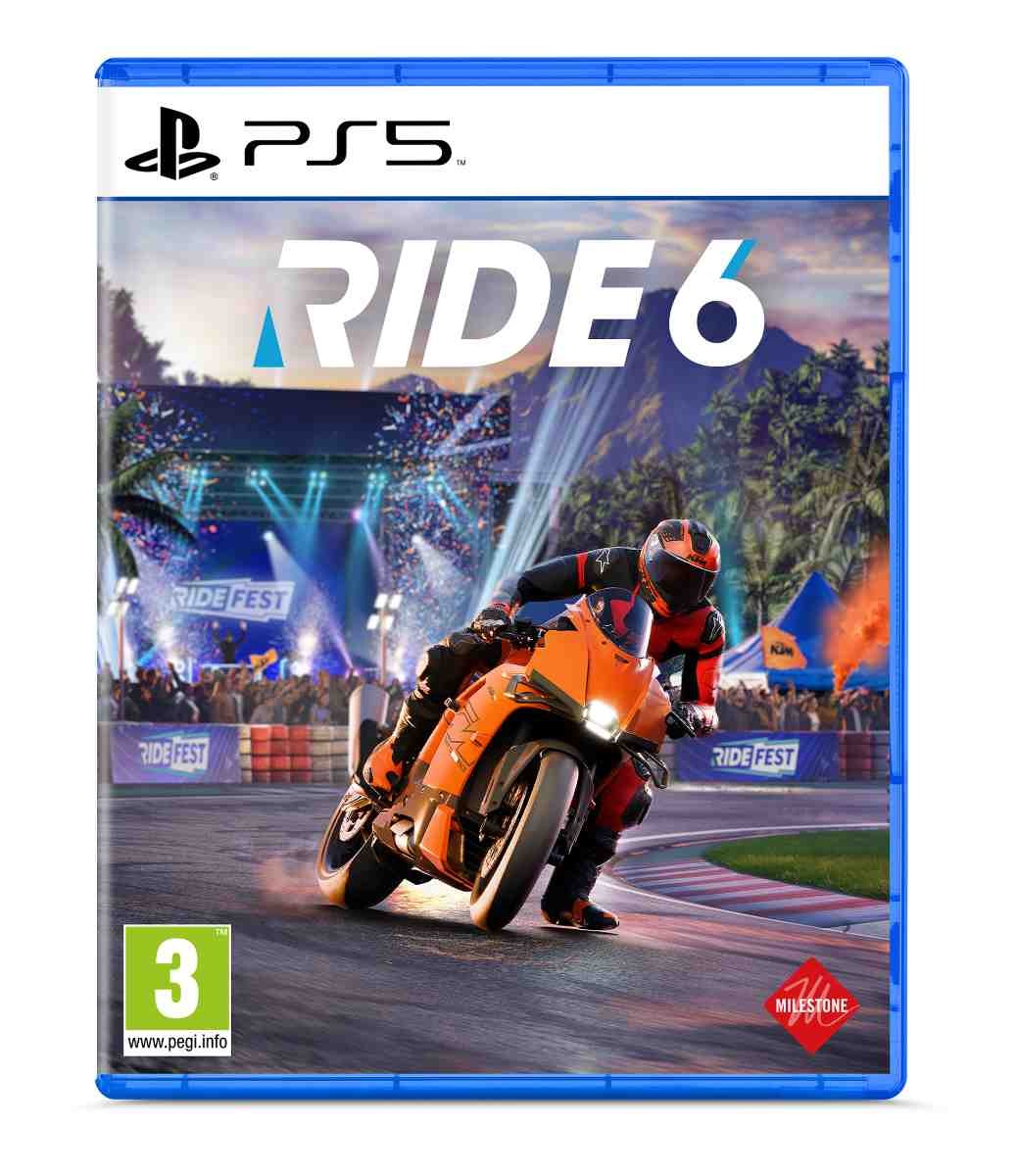 Cover features "Ride 6" title in bold letters, showcasing a motorcyclist in an orange outfit riding a sleek orange motorcycle against a vibrant racing backdrop.