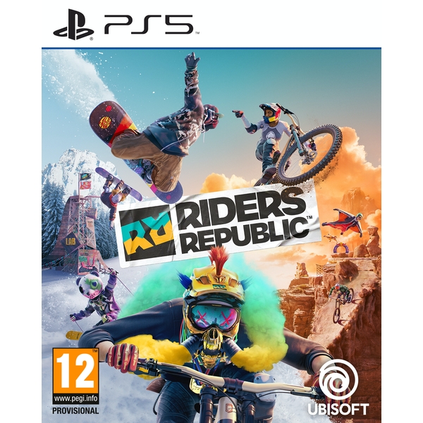 Colorful game cover featuring extreme sports scenes with snowboarding, biking, and skiing, showcasing vibrant characters and the title "Riders Republic" prominently displayed.