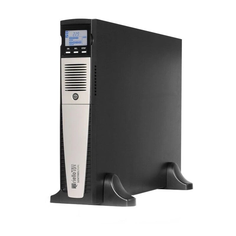 Black uninterruptible power supply with a silver front panel, featuring an LCD display, buttons for operation, and a sturdy base for stability.