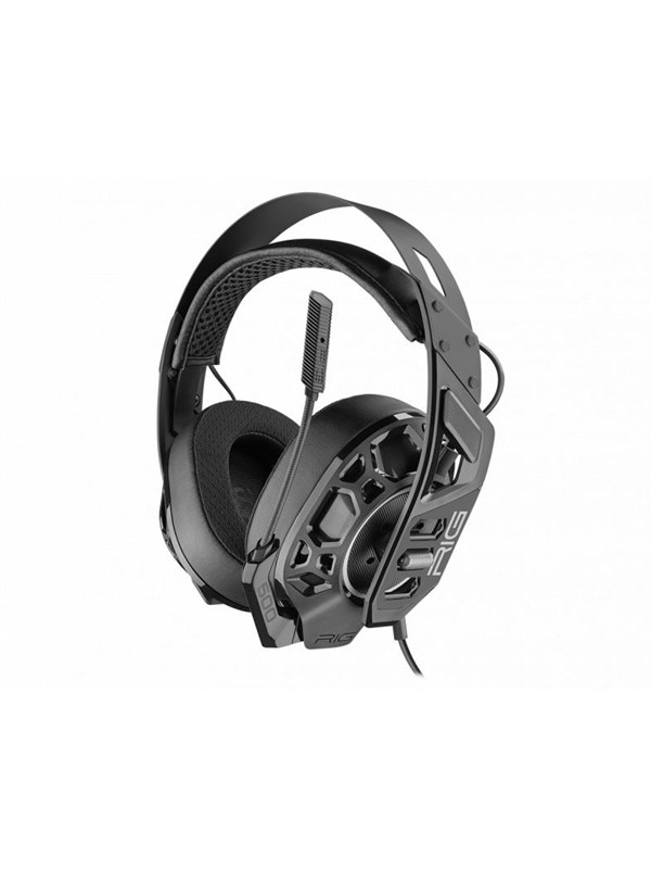 Black RIG 500 headset by Nacon for PS5, featuring a sturdy design, breathable ear cushions, adjustable headband, and a detachable microphone.