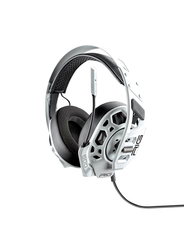 White RIG 500 headset featuring a sleek design, padded ear cups, adjustable headband, and a detachable microphone, designed for PS5 gaming.
