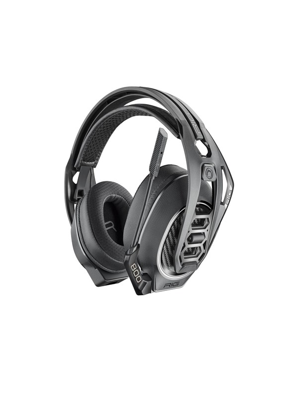 Black RIG 800 headset features a sleek design with cushioned ear cups, adjustable headband, and a prominent microphone, designed for Xbox Series X gaming.