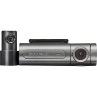 Sleek black and silver Road Angel Halo Pro 2K dash cam with cylindrical front camera and compact rear camera.