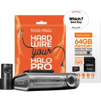 Road Angel Halo Pro Deluxe 2K dual dash cam, sleek black design, includes 64GB microSD, front and rear cameras.