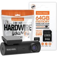 Black Road Angel Halo Spark Deluxe 1080p dash cam with lens, 64GB MicroSD card, and hardwire kit packaging.