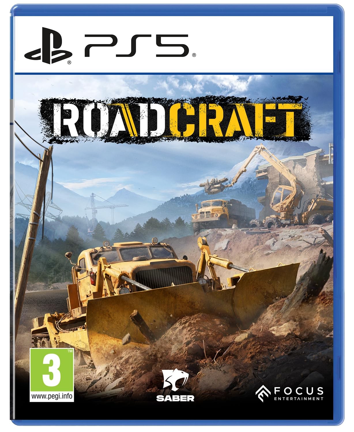 PS5 game cover for "Roadcraft" featuring a yellow bulldozer and construction machinery in a rugged landscape, with mountains and cranes in the background, and bold black text.