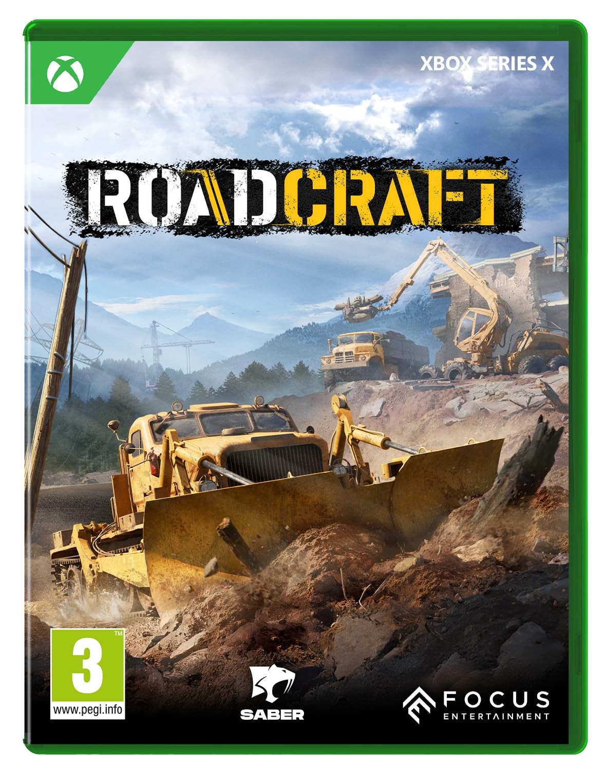 Roadcraft for Xbox Series X features a vibrant green case with a dramatic cover art depicting construction vehicles and a rugged landscape, highlighting the game's focus on road building.