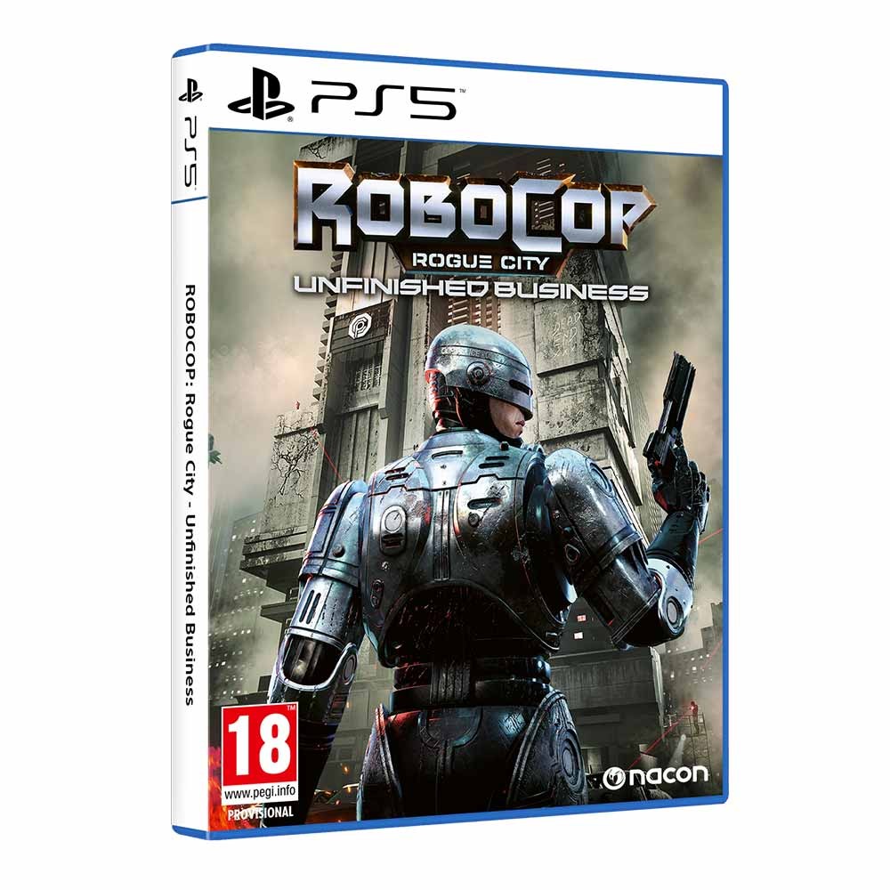RoboCop: Rogue City - Unfinished Business for PS5 features a metallic RoboCop holding a gun on the cover, with a futuristic city backdrop and bold title text in blue and white.