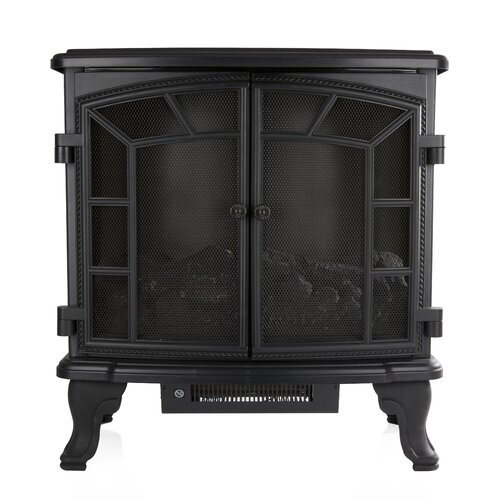 Black electric double door fire stove with a curved glass front, mesh detailing, decorative trim, and ornate legs, designed for efficient heating and aesthetic appeal.