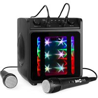 Black RockJam karaoke machine with LED lights, two microphones, and voice effect controls.