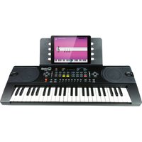 Black RockJam 49-key keyboard with sheet music stand, piano note stickers, and digital display.
