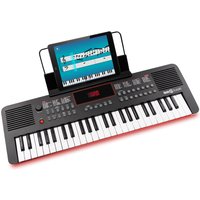 Black RockJam RJ649 49-key MIDI keyboard with digital display, control buttons, and tablet stand.