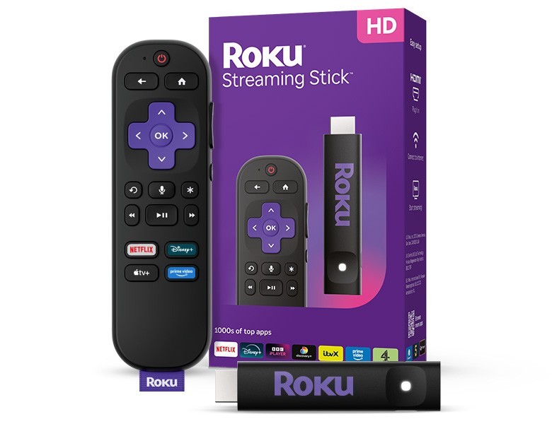 Roku Streaming Stick in black with a purple accent, includes a remote featuring shortcut buttons for Netflix and Disney+, packaged in a colorful box.